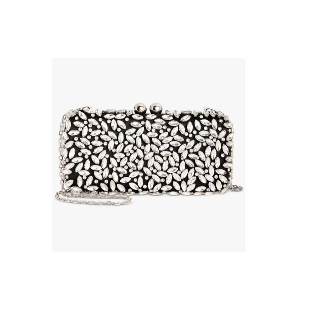 INC East West crystal embellished satin clutch minaudiere shoulder bag BLACK (U)
